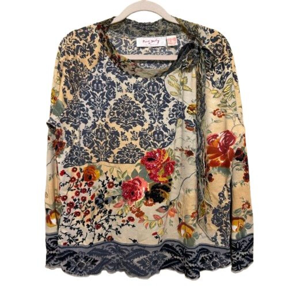 Rene Derhy Top Women 18/20 Mixed Print Beaded Floral Chiffon Tie Neck Artsy Boho